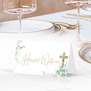 Eucalyptus greenery place card template, editable place cards, cross baptism place cards, printable green gold place cards, B021