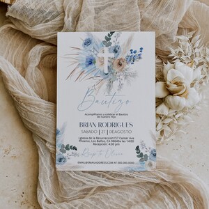 Pampas gras spanish baptism invitation, invitaciones de bautizo digitales, mi bautizo invitation, editable blue boho religious invite P65