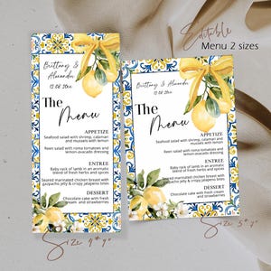 Lemon menu card template, citrus dinner menu cards, ciao baby shower, la dolce vita, printable italian theme menu, mediterranean tiles, P335