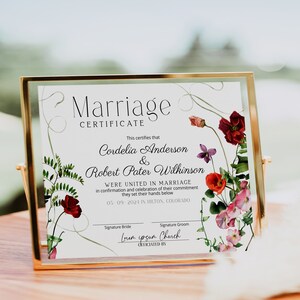 Burgundy wildflower marriage certificate template, editable wildflower wedding certificate, printable marriage certificate keepsake, P25