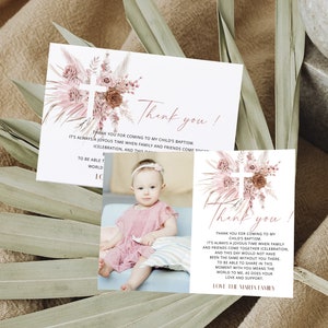 Pampas grass christening thank you card template, boho beige baptism thank you cards, religious thank you note, printable baptism card, P64