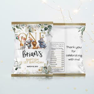 Safari animals party favor chip bag, jungle wild one birthday chip bag template, editable chip bag wrapper printable jungle party favor P311