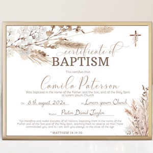 Pampas grass baptism certificate, editable certificate of baptism, boho baby christening certificate template, baptism church forms, P201