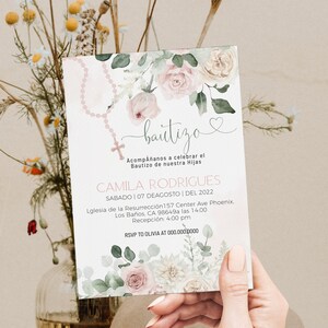 Dusty pink invitacione de bautizo niña, girl spanish baptism invitatios, digitales mi bautizo invitation, editable religious invite P106