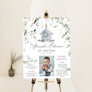 Greenery baptism milestone poster template, church baptism sign, first communion chalkboard, christening milestone poster with photo P143