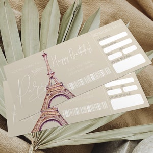 Paris france surprise gift ticket, boarding plane ticket to paris, paris vacation airline ticket gift voucher, editable personalised present