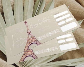 Paris france surprise gift ticket, boarding plane ticket to paris, paris vacation airline ticket gift voucher, editable personalised present