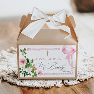 Pink bow spanish baptism gable box label template, baptism favor gifts label, pink box label bautizo, coquette party favor box label, P337