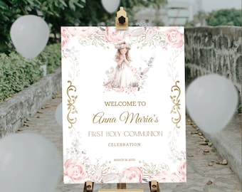 First holy communion welcome sign template, first holy communion board, editable welcome sign, pink gold poster, communion welcome sign P223