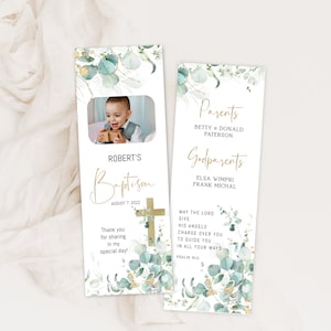 Eucalyptus baptism bookmark with photo, baptism bookmark favor template, bookmark keepsake baptism, printable cross christening favors B021
