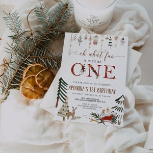 Oh what fun it is to be one invitation, winter onederland birthday, christmas first birthday, holiday 1st birthday invite template P173