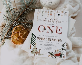 Oh what fun it is to be one invitation, winter onederland birthday, christmas first birthday, holiday 1st birthday invite template P173