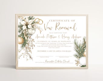 Winter Vow Renewal Certificate Template, Editable Christmas Wedding Anniversary Keepsake Printable, Instant Download, P296