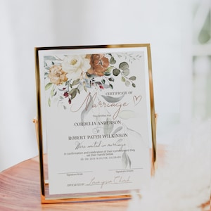 Boho wedding certificate template, editable marriage certificate keepsake, rust wedding certificate, marriage ceremony certificate P62