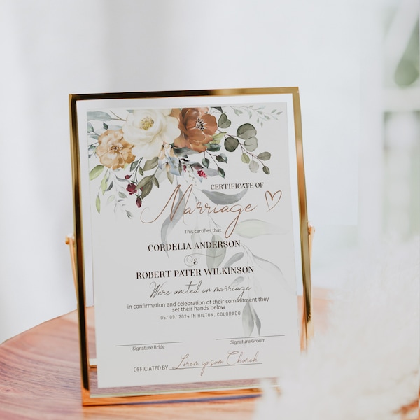 Boho wedding certificate template, editable marriage certificate keepsake, rust wedding certificate, marriage ceremony certificate P62