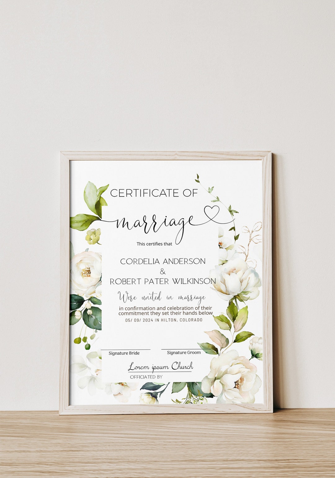 Editable Marriage Certificate Keepsake, White Flowers Wedding Certificate Template, Printable ...