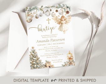 Angel Bautizo Invite, Christmas Baptism Invitation in Spanish, Xmas Holiday Christening, Editable Religious Template, P344