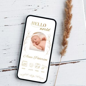 Gold hellow world birth announcement, editable hello world phone message, modern digital birth announcement, birth photo card template, P217