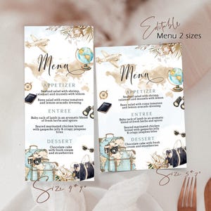 Puede incluir: Dos tarjetas de menú con temática de viajes. Los menús presentan un fondo de mapa del mundo, aviones antiguos, globos terráqueos e ilustraciones de equipaje. El texto incluye elementos del menú como ensalada de mariscos y pastel de chocolate. Los tamaños son 9"x7" y 5"x7".