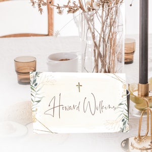 Greenery place card template, first communion cards, baptism place card, green gold confirmation escort card, christening place card B012