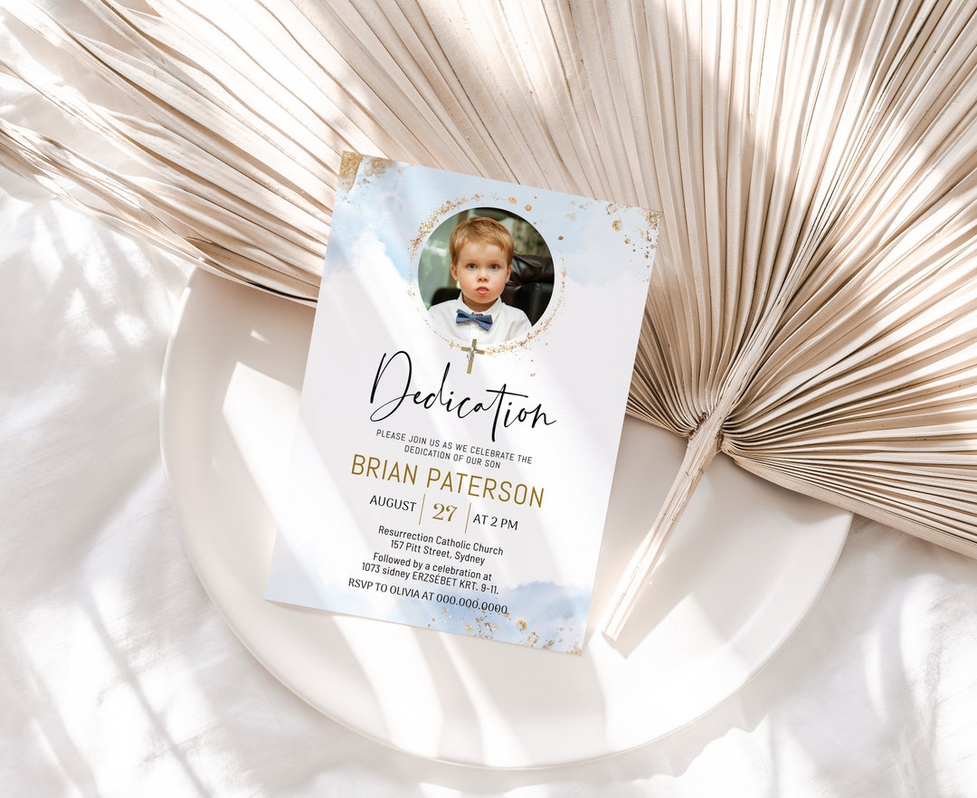 Blue Gold Dedication Invitation Template, Dedication Photo Invite, Boy ...