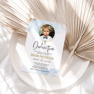 Blue gold dedication invitation template, dedication photo invite, boy dedication, gold christening invite, editable baptism invite, B2b