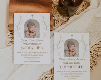Printable Photo Godparent Proposal Card, Will You Be My, Gold Modern Baptism Template, Godmother, Godfather, Instant Download P217