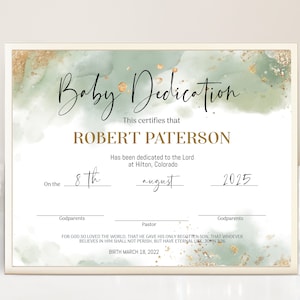Sage green baby dedication certificate template, editable christening certificate, baptism gift, green gold christening certificate B2g