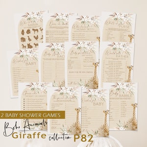 Boho giraffe baby shower games bundle template, safari baby shower games bundle, gender neutral baby shower games, pampas baby shower P82