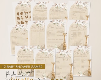 Boho giraffe baby shower games bundle template, safari baby shower games bundle, gender neutral baby shower games, pampas baby shower P82