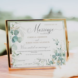 Eucalyptus wedding certificate template, editable marriage certificate keepsake, modern certificate of marriage, commitment certificate