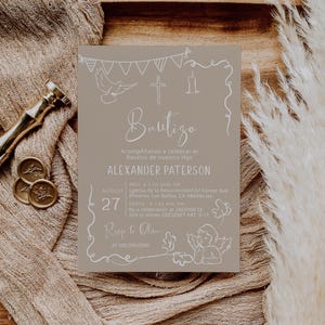 Spanish baptism Invitation, invitaciones de bautizo digitales, beige bautizo invite, whimsical hand drawn, editable religious invite, P299