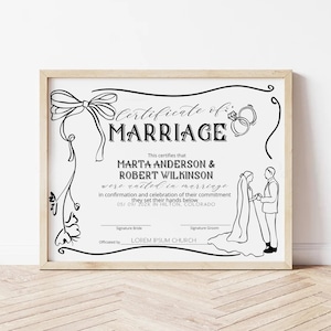 Editable certificate of marriage, printable wedding ceremony certificate, hand drawn, wedding certificate template, wedding gift, P301