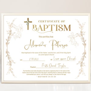 Gold baptism certificate template, custom certificate of baptism printable, gold christening certificate, editable baby baptism gift B6
