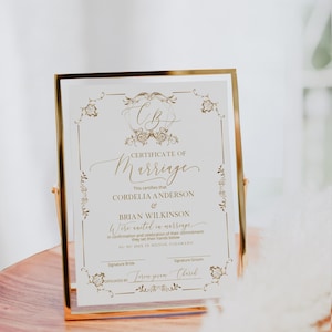 Gold marriage certificate template, editable wedding certificate with monogram, certificate marriage keepsake, printable certificate, P278