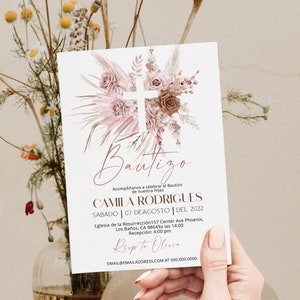 Invitaciones de bautizo digitales, spanish baptism invitation, mi bautizo invitation, pampas grasses bautizo, editable religious invite P64