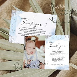Blue silver baptism thank you card, religious thank you card template, editable christening photo thank you, printable boy baptism card B2s