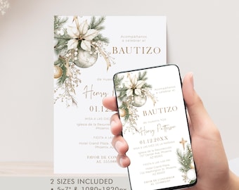 Editable Bautizo Invitation Template, Winter Boy Baptism Invite, Spanish Christmas Christening Celebration Digital Download, P296