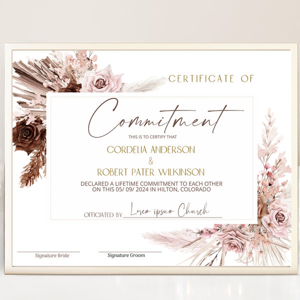 Boho certificate of commitment template, editable wedding day certificate, commitment ceremony certificate pampas marriage certificate P64