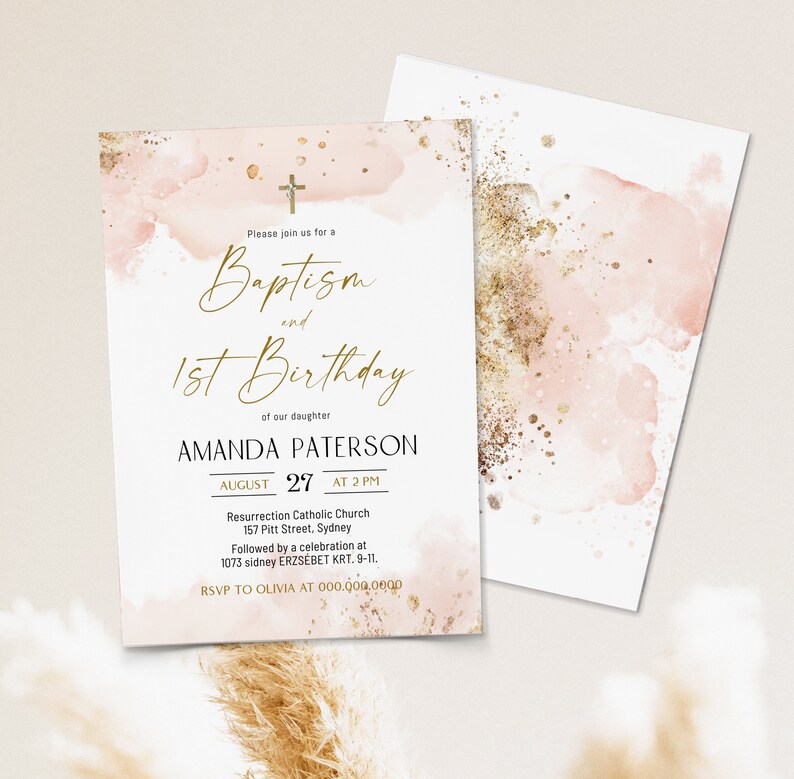 Pink Gold Baptism and 1st Birthday Invitation Template Etsy