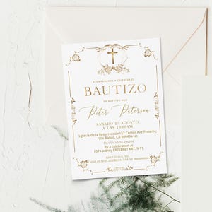 Gold cross bautizo, invitaciones bautizo digitales, minimalist spanish baptism invitation, mi bautizo, editable religious invite, P278