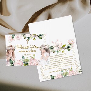 First holy communion thank you cards, pink floral girl first communion, editable religious thank you card template, printable thank you P229