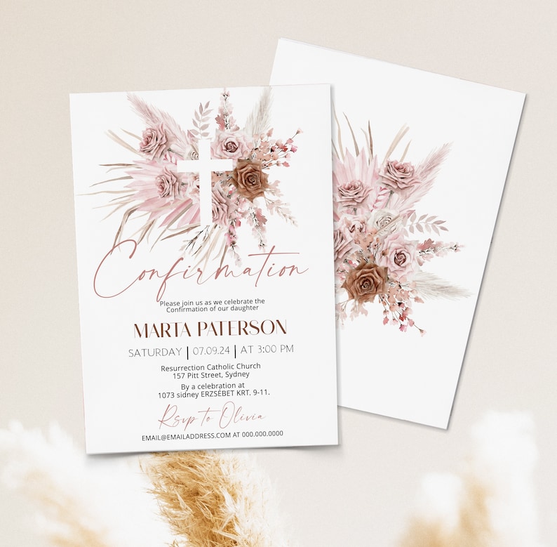 Girl confirmation invitation templat, pink boho baptism invite, christening invitation girl, religious invite, pink baptism invitation P64 Bild 2