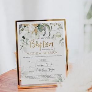 Greenery baptism certificate template, custom certificate of baptism, editable christening certificate, printable baptism certificate, P52