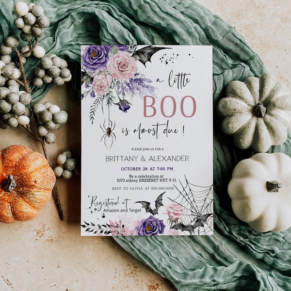 Girl halloween baby shower invitation template, a little boo is due invite, october baby shower invitation, witch halloween baby shower P146