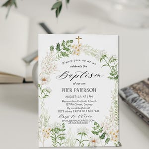 Wildflower baptism invitation, floral baptism invite template, printable religious invite, editable christening invite, spring floral, P333