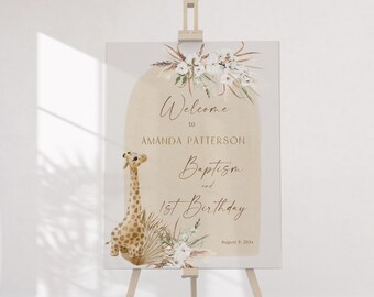 Giraffe Baptism and 1st Birthday Welcome Sign, Editable Boho Pampas Grass Joint Party Poster, Neutral Arch Decor Template ,P82