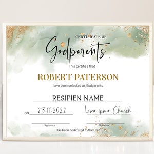 Sage green godparents certificate template, greenery baptism certificate, godparents certificate, editable christening certificate, B2g