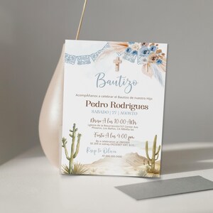 Blue floral spanish baptism invitation, editable bautizo invite, invitaciones de bautizo, pampas grasses bautizo, christening invite, P295