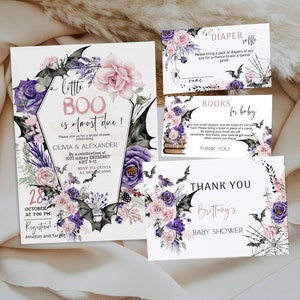 Girl halloween baby shower invitation bundle, pink purple Invitation set template, a little boo is due invite halloween invitation set P146